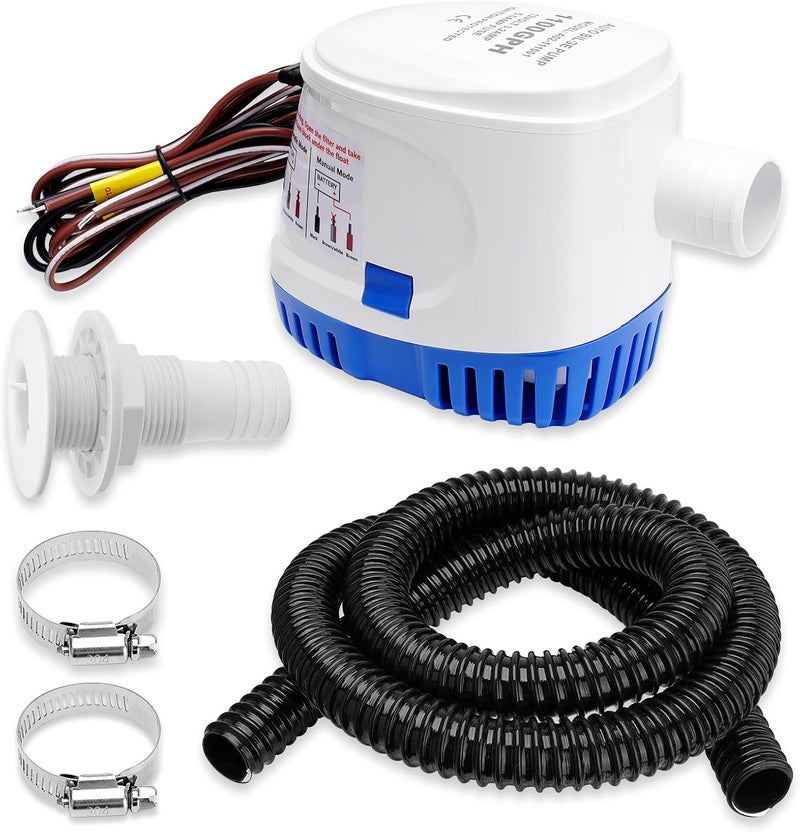 FILTERUP 1100 GPH Automatic Boat Bilge Water Pump 12V, 1-1/8 Inch Dia Bilge Pump Plumbing Kit with 6FT Hose, 2 Clamps, Thru-Hull Fitting, Ideal for Fishing Boats, Cruisers, Runabouts, Yachts - Image 1